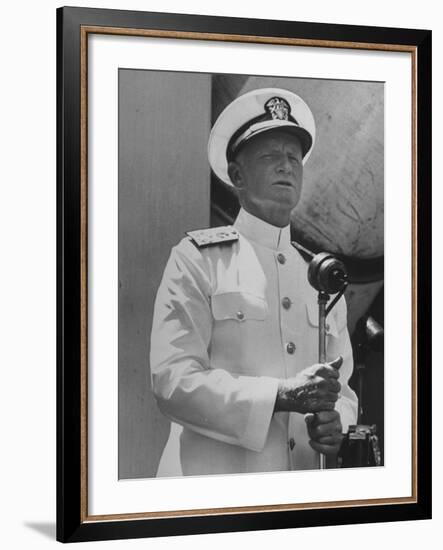 Adm. Chester with Nimitz of the US Navy Giving a Speech to British Officers and Men-null-Framed Photographic Print