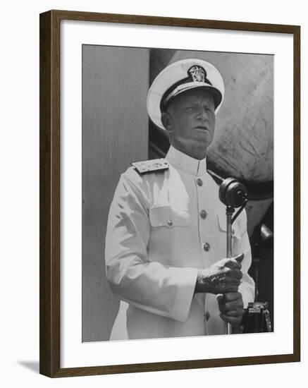 Adm. Chester with Nimitz of the US Navy Giving a Speech to British Officers and Men-null-Framed Photographic Print