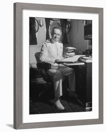 Admiral William F. Halsey Sitting at His Desk Aboard Aircraft Carrier "Enterprise"-Peter Stackpole-Framed Premium Photographic Print