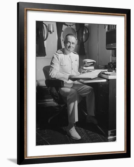 Admiral William F. Halsey Sitting at His Desk Aboard Aircraft Carrier "Enterprise"-Peter Stackpole-Framed Premium Photographic Print