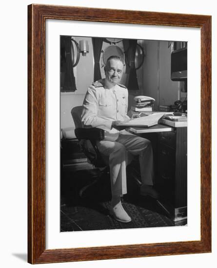 Admiral William F. Halsey Sitting at His Desk Aboard Aircraft Carrier "Enterprise"-Peter Stackpole-Framed Premium Photographic Print