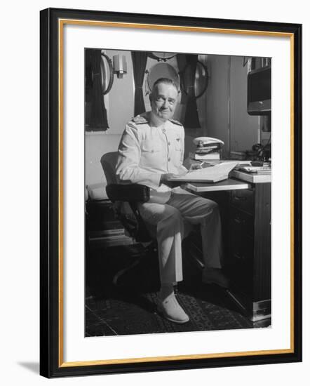 Admiral William F. Halsey Sitting at His Desk Aboard Aircraft Carrier "Enterprise"-Peter Stackpole-Framed Premium Photographic Print