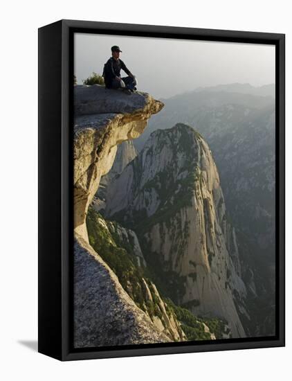 Admiring the View on Top of Mount Hua, a Granite Peaked Mountain in the Shaanxi Province, China-Christian Kober-Framed Premier Image Canvas