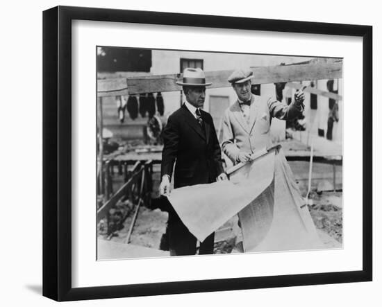 Adolph Zukor and Jesse Lasky at a Construction Site Holding Blueprints-null-Framed Photo