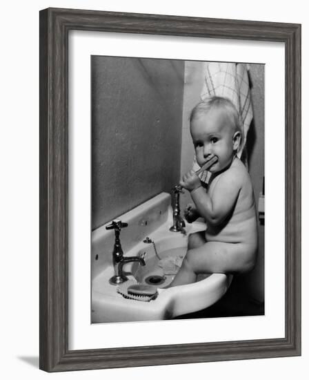 Adorable Baby Brushing Teeth While Sitting in Sink-null-Framed Photographic Print