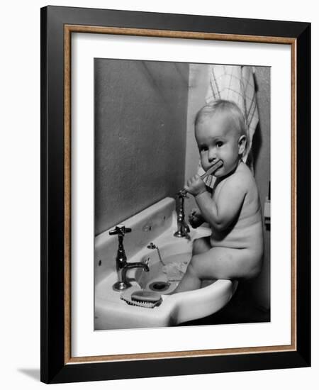 Adorable Baby Brushing Teeth While Sitting in Sink--Framed Photographic Print