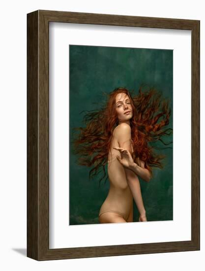 Adorable Tender Redhead Girl with Long Curly Hair Isolated over Dark Green Background. Fabolous Cur-master1305-Framed Photographic Print