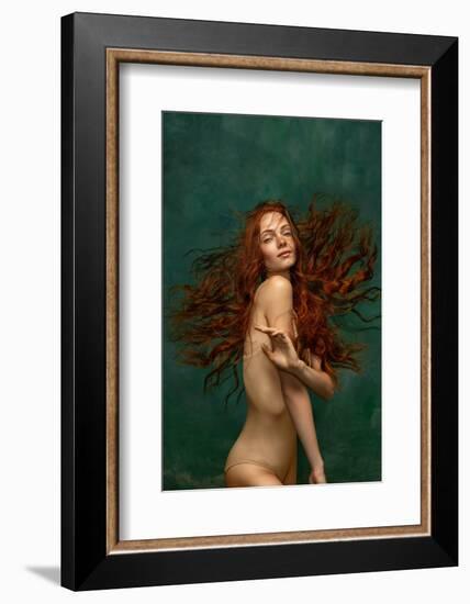 Adorable Tender Redhead Girl with Long Curly Hair Isolated over Dark Green Background. Fabolous Cur-master1305-Framed Photographic Print