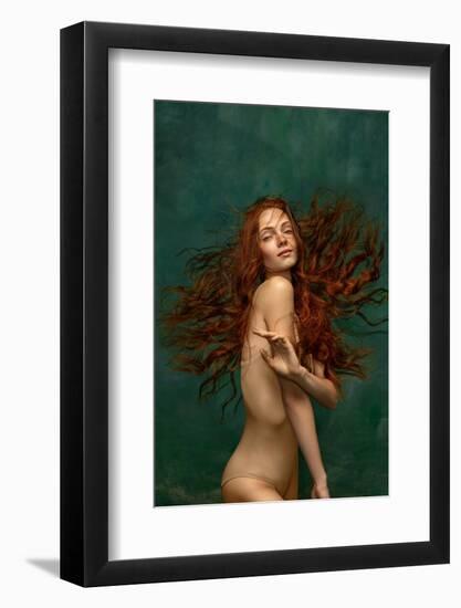 Adorable Tender Redhead Girl with Long Curly Hair Isolated over Dark Green Background. Fabolous Cur-master1305-Framed Photographic Print