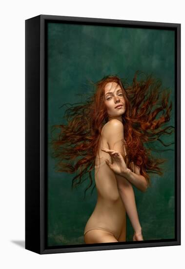 Adorable Tender Redhead Girl with Long Curly Hair Isolated over Dark Green Background. Fabolous Cur-master1305-Framed Premier Image Canvas