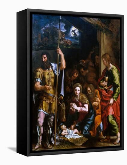 Adotation of the Shepherds with the Saints Longinus and John the Evangelist-Giulio Romano-Framed Premier Image Canvas