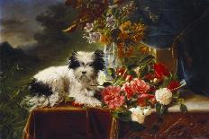 Rhododendrons in a Porcelain Vase with Roses and a Dog on a Draped Table in a Landscape-Adriana-johanna Haanen-Giclee Print