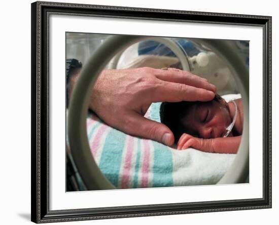 Adult Hand Touching Tiny Head of Baby, Born Addicted to Crack Cocaine, in Hospital Incubator-Ted Thai-Framed Photographic Print