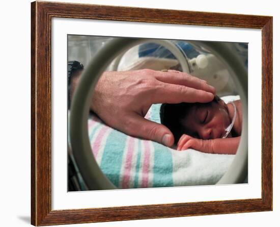 Adult Hand Touching Tiny Head of Baby, Born Addicted to Crack Cocaine, in Hospital Incubator-Ted Thai-Framed Photographic Print