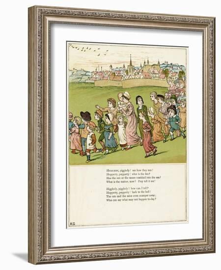 Adults and Children Running from a Village-Kate Greenaway-Framed Art Print