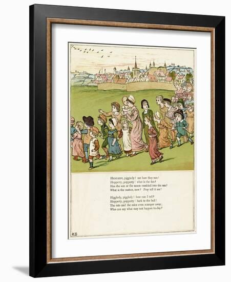 Adults and Children Running from a Village-Kate Greenaway-Framed Art Print