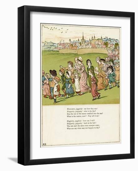 Adults and Children Running from a Village-Kate Greenaway-Framed Art Print