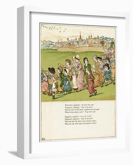 Adults and Children Running from a Village-Kate Greenaway-Framed Art Print