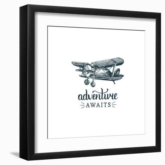 Adventure Awaits Motivational Quote. Vintage Retro Airplane Logo. Vector Typographic Inspirational-Vlada Young-Framed Art Print