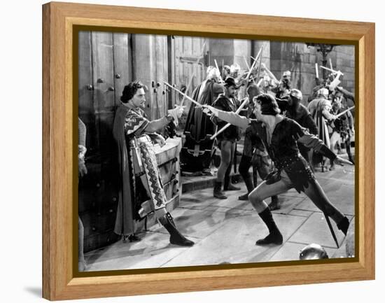 Adventures Of Robin Hood, Basil Rathbone, Errol Flynn, 1938-null-Framed Stretched Canvas