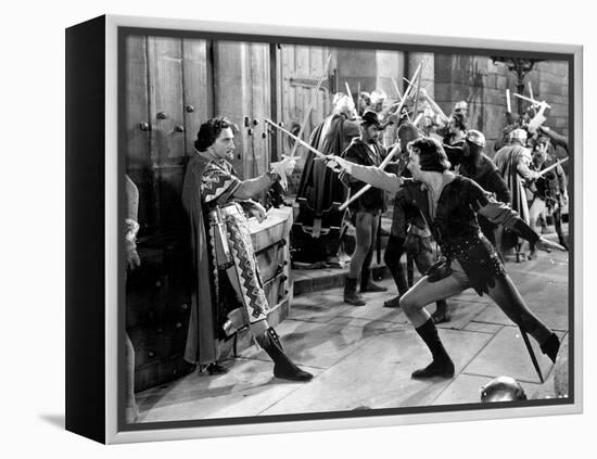 Adventures Of Robin Hood, Basil Rathbone, Errol Flynn, 1938-null-Framed Stretched Canvas