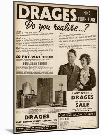 Advert for Drages Bedroom Furniture 1937-null-Mounted Art Print