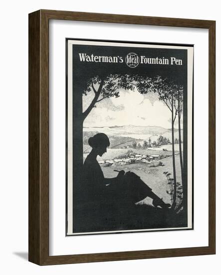 Advertisement for a Fountain Pen Featuring a Silhouette of a Woman Sitting Under a Tree Writing-null-Framed Photographic Print