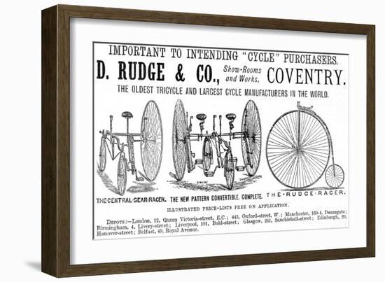 Advertisement for Cycles and Tricycles by D. Rudge and Co-null-Framed Art Print