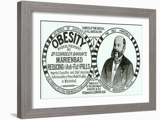 Advertisement for 'Dr. Schindler Barnay's Marienbad Reducing (Anti-Fat) Pills, 1890s-English School-Framed Giclee Print