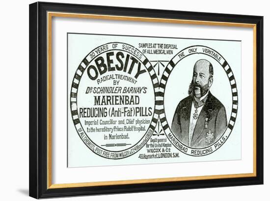 Advertisement for 'Dr. Schindler Barnay's Marienbad Reducing (Anti-Fat) Pills, 1890s-English School-Framed Giclee Print