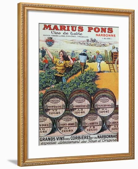 Advertisement for 'Marius Pons' Wine Merchants in Narbonne, France, Early 20th Century-null-Framed Giclee Print