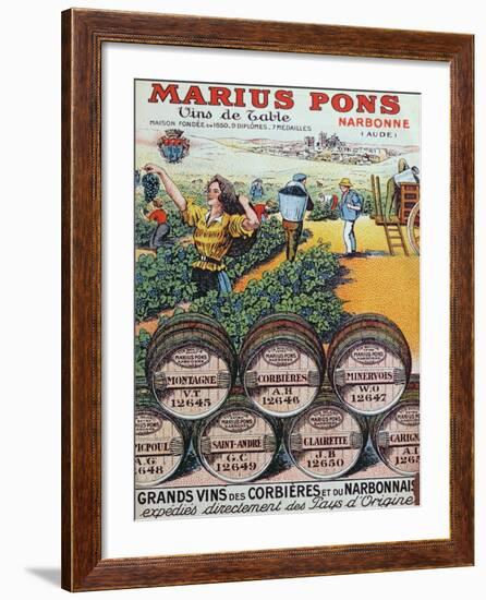 Advertisement for 'Marius Pons' Wine Merchants in Narbonne, France, Early 20th Century-null-Framed Giclee Print