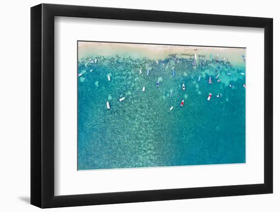 Aerial by drone of boats in the turquoise water of lagoon front of Mont Choisy beach, Mauritius-Roberto Moiola-Framed Photographic Print