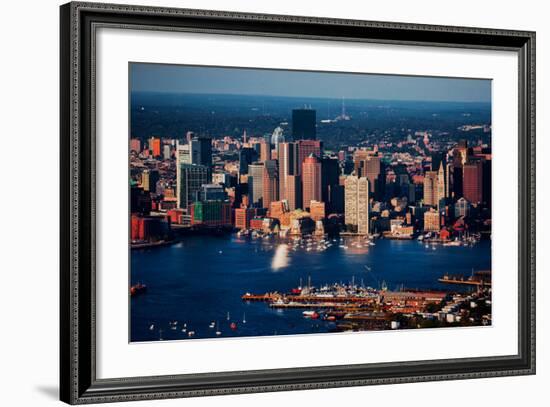Aerial morning View of Boston Skyline and Financial District and Wharf area, Boston, MA-null-Framed Photographic Print