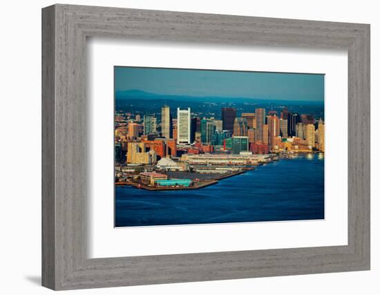 Aerial morning View of Boston Skyline and Financial District and Wharf area, Boston, MA-null-Framed Photographic Print