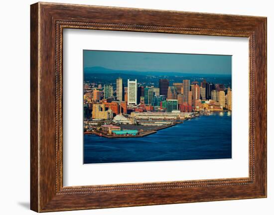 Aerial morning View of Boston Skyline and Financial District and Wharf area, Boston, MA-null-Framed Photographic Print