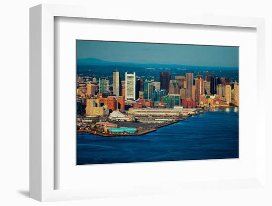 Aerial morning View of Boston Skyline and Financial District and Wharf area, Boston, MA-null-Framed Photographic Print