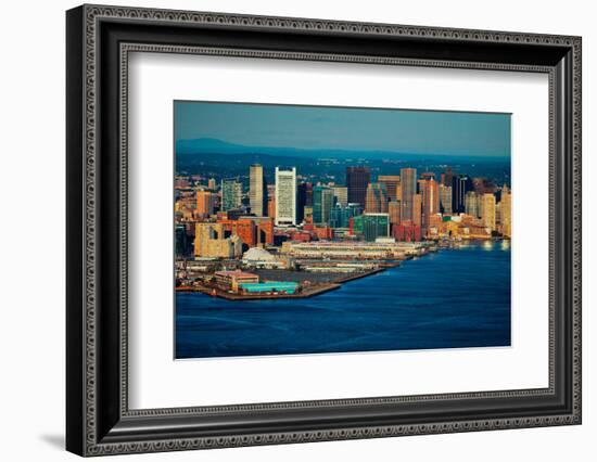 Aerial morning View of Boston Skyline and Financial District and Wharf area, Boston, MA-null-Framed Photographic Print