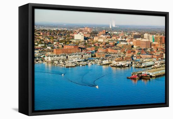 Aerial of downtown Portland Harbor and Portland Maine with view of Maine Medical Center, Commerc...-null-Framed Premier Image Canvas