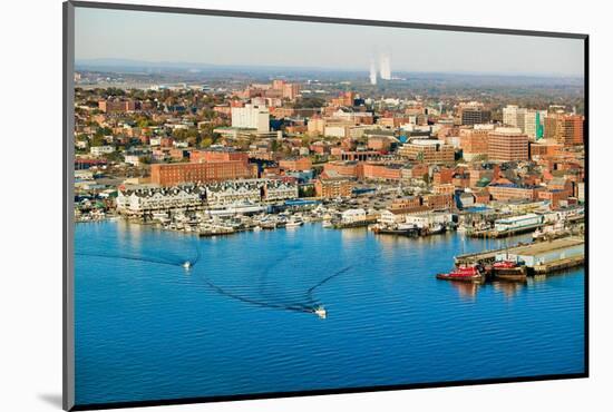Aerial of downtown Portland Harbor and Portland Maine with view of Maine Medical Center, Commerc...-null-Mounted Photographic Print
