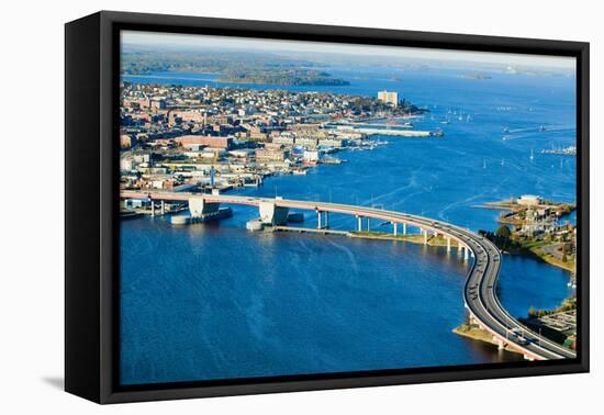 Aerial of downtown Portland, Maine showing Maine Medical Center, Commercial street, Old Port, Ba...-null-Framed Premier Image Canvas