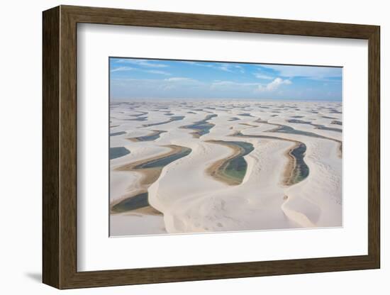 Aerial of freshwater lakes between huge sand dunes in the Lencois Maranhenses National Park-Michael Runkel-Framed Photographic Print