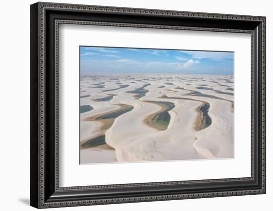 Aerial of freshwater lakes between huge sand dunes in the Lencois Maranhenses National Park-Michael Runkel-Framed Photographic Print