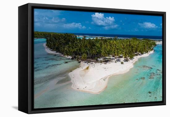 Aerial of little island with white sand beach, the Ile aux Recifs, Rangiroa atoll, Tuamotus-Michael Runkel-Framed Premier Image Canvas