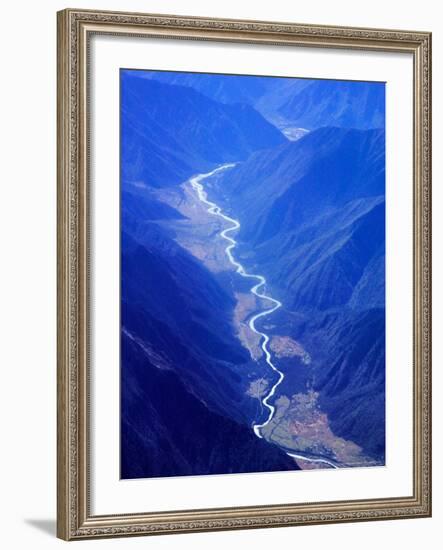 Aerial of River Flowing Through Mountain Valleys, Tibetan Plateau, Himalayas, Tibet, China-Keren Su-Framed Photographic Print