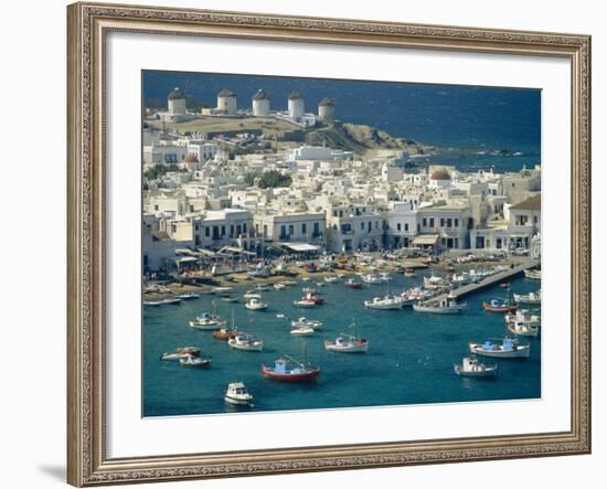 Aerial of the Harbour and Mykonos Town with Windmills in the Background, Greece-Fraser Hall-Framed Photographic Print