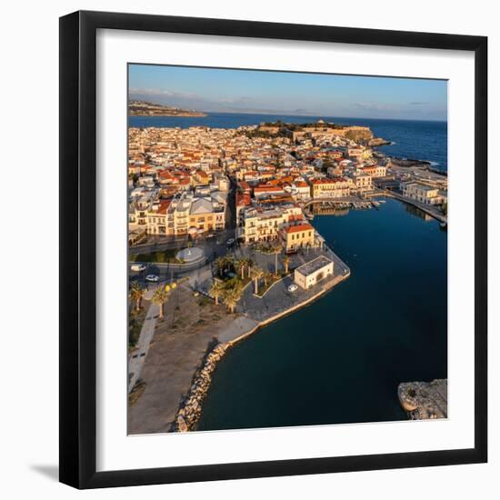 Aerial of Venetian harbor with a view of Venetian Fortezza, Rethymno, Crete, Greek Islands, Greece-Markus Lange-Framed Photographic Print