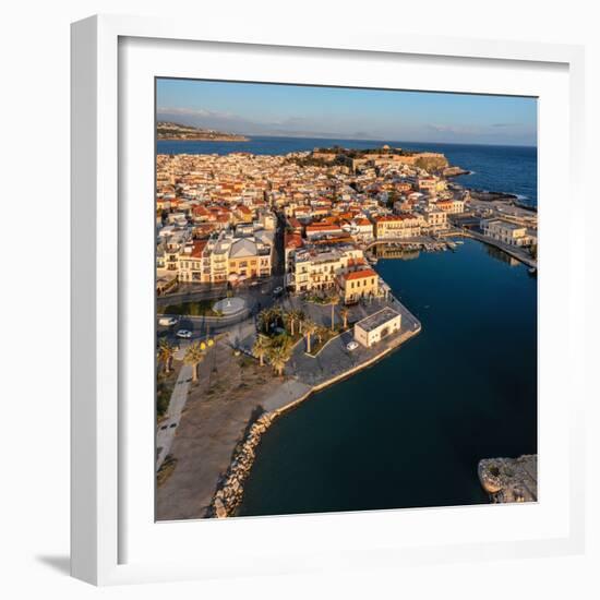 Aerial of Venetian harbor with a view of Venetian Fortezza, Rethymno, Crete, Greek Islands, Greece-Markus Lange-Framed Photographic Print