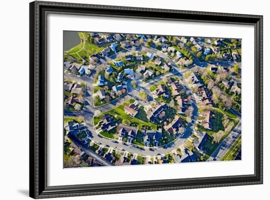 Aerial pattern of residential homes in circle outside of Philadelphia Pennsylvania, New Jersey-null-Framed Photographic Print