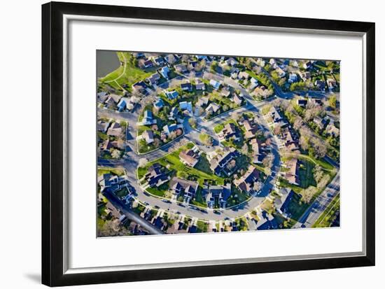 Aerial pattern of residential homes in circle outside of Philadelphia Pennsylvania, New Jersey-null-Framed Photographic Print